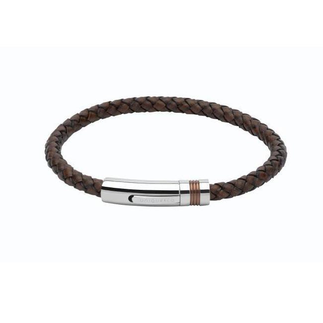 Antique brown plaited leather bracelet with a rose gold section steel ...