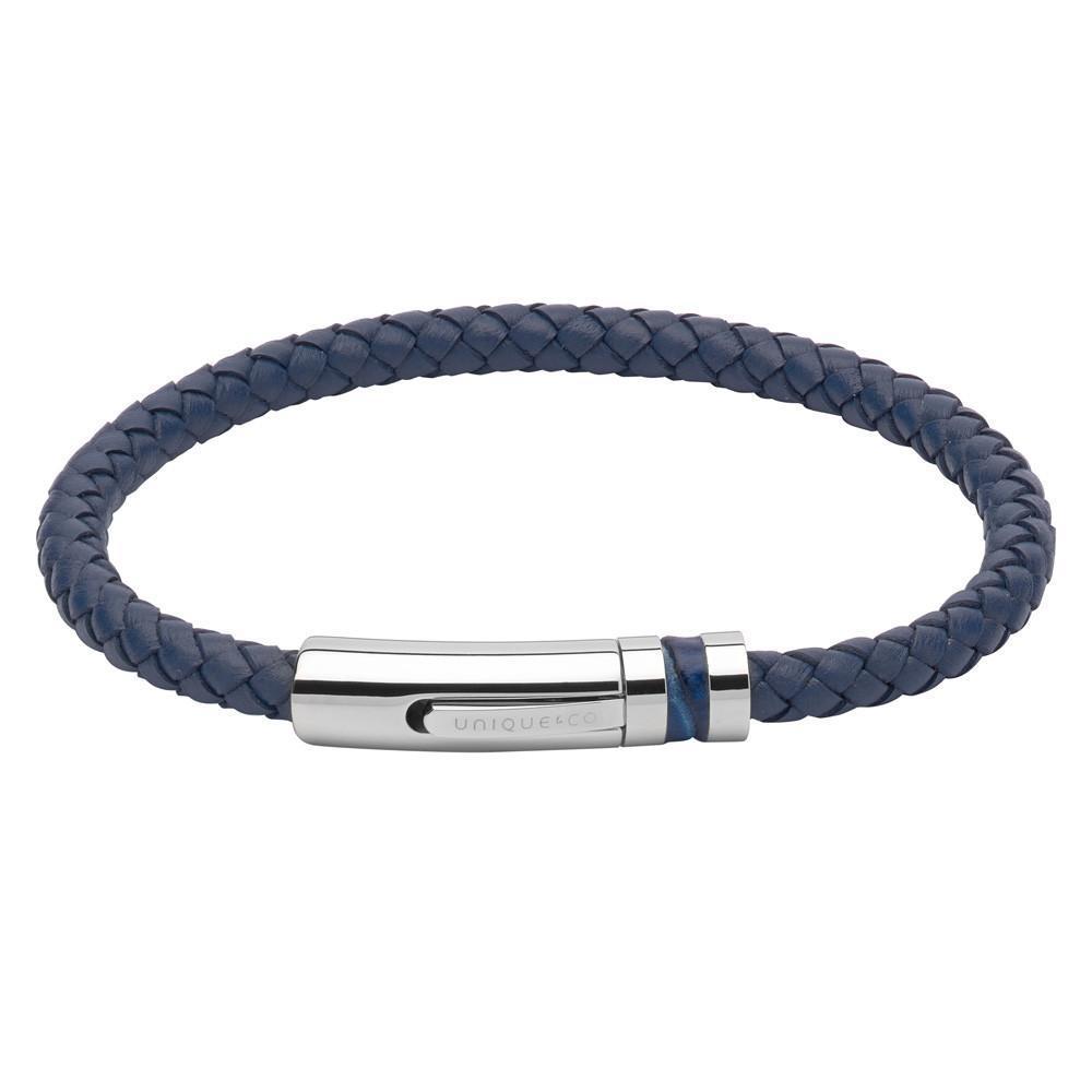 Navy plaited leather bracelet with a blue inlaid steel clasp Bracelet Unique   